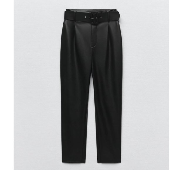 NWT ZARA BELTED FAUX LEATHER PANTS black - Picture 5 of 7